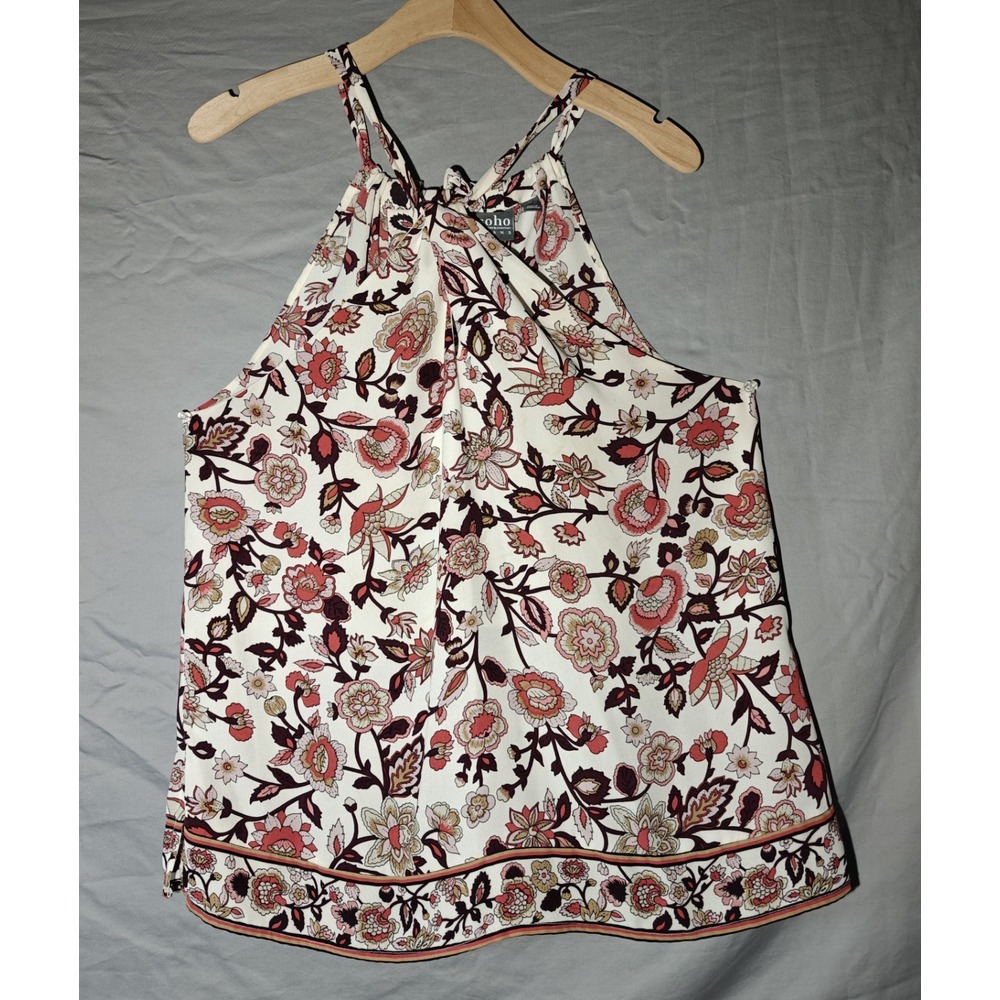 New York & Company Cream Floral Halter Tank with Pink and Brown Accents